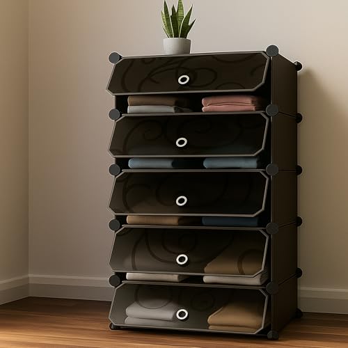 AYSIS Portable Collapsible Wardrobe for Clothes Storage 𝟓 𝐒𝐡𝐞𝐥𝐟 & 𝟓 𝐃𝐨𝐨𝐫𝐬 – Cloth Organizer Cupboard/Multipurpose Storage Organizer/Closet for Bedroom/Living Room/Laundry Room - 𝐁𝐥𝐚𝐜𝐤 - Image 1