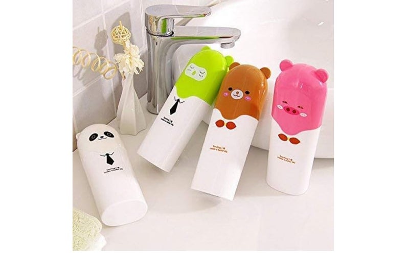 RIVUGJAPortable Cartoon Animal Design Toothbrush Holder Box for Travel | | Tooth Mug Toothpaste Case with Cover | Best for Travel Camping Bathroom for Storage | Multi Colour - Image 1