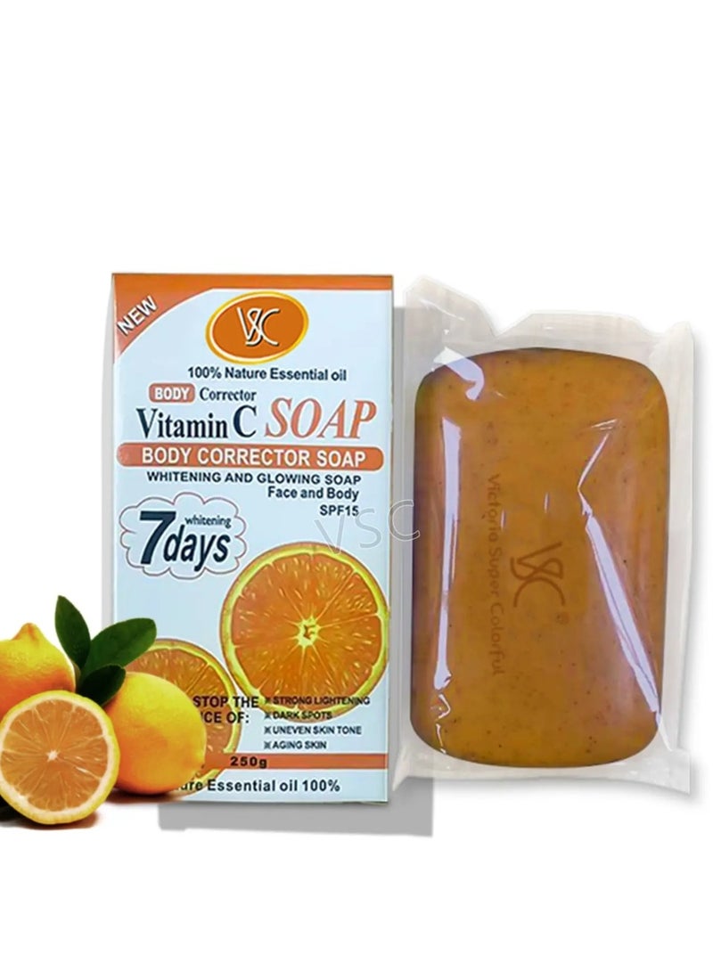 VSC صابون فيتامين سي 250 جرام لتصحيح الجسم وتفتيح البشرة وإشراقتها للوجه والجسم وتقليل البقع الداكنة والبقع السوداء ومكافحة الشيخوخة صابون فيتامين سي 7 أيام للعناية بالبشرة صابون تفتيح للنساء والرجال - Image 2