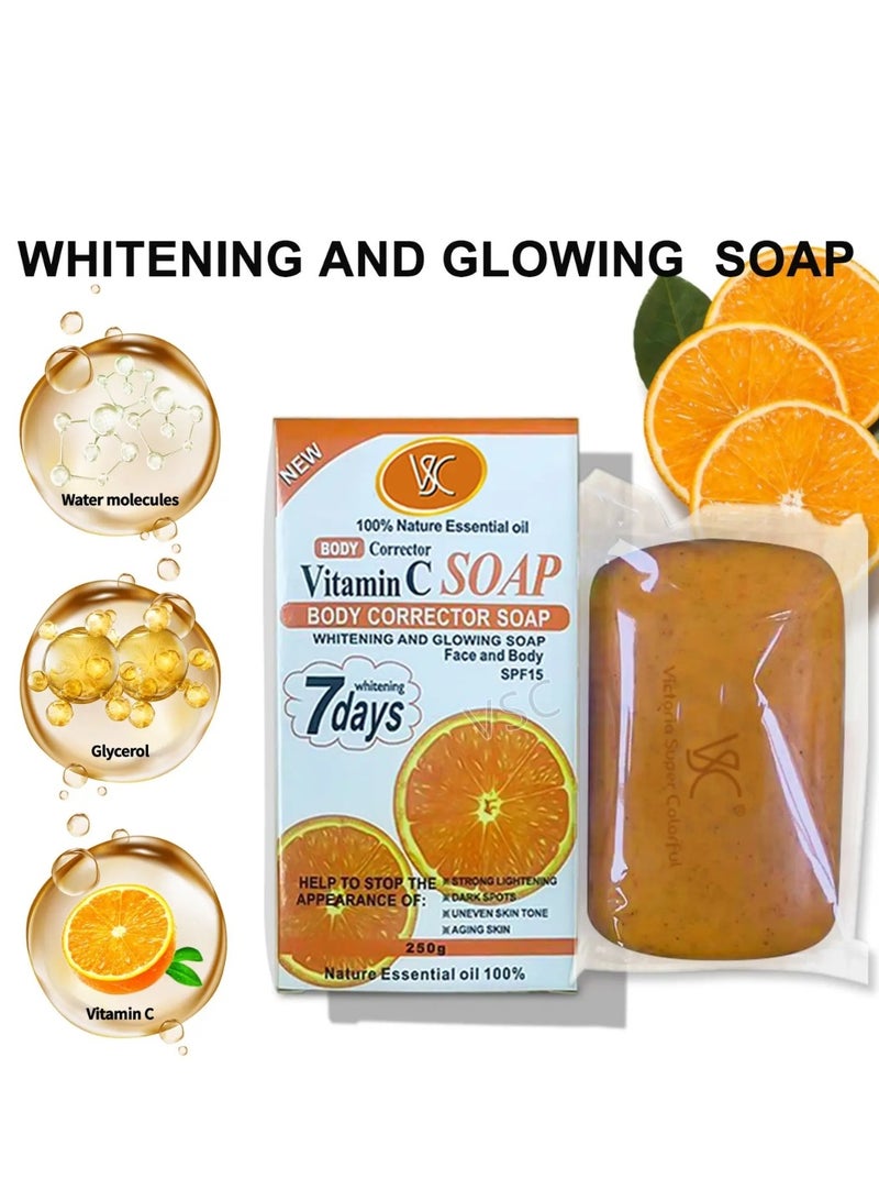 VSC صابون فيتامين سي 250 جرام لتصحيح الجسم وتفتيح البشرة وإشراقتها للوجه والجسم وتقليل البقع الداكنة والبقع السوداء ومكافحة الشيخوخة صابون فيتامين سي 7 أيام للعناية بالبشرة صابون تفتيح للنساء والرجال - Image 3