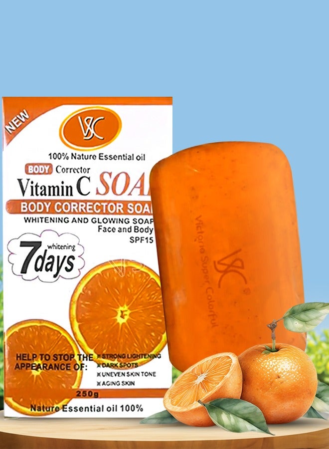 VSC صابون فيتامين سي 250 جرام لتصحيح الجسم وتفتيح البشرة وإشراقتها للوجه والجسم وتقليل البقع الداكنة والبقع السوداء ومكافحة الشيخوخة صابون فيتامين سي 7 أيام للعناية بالبشرة صابون تفتيح للنساء والرجال - Image 1