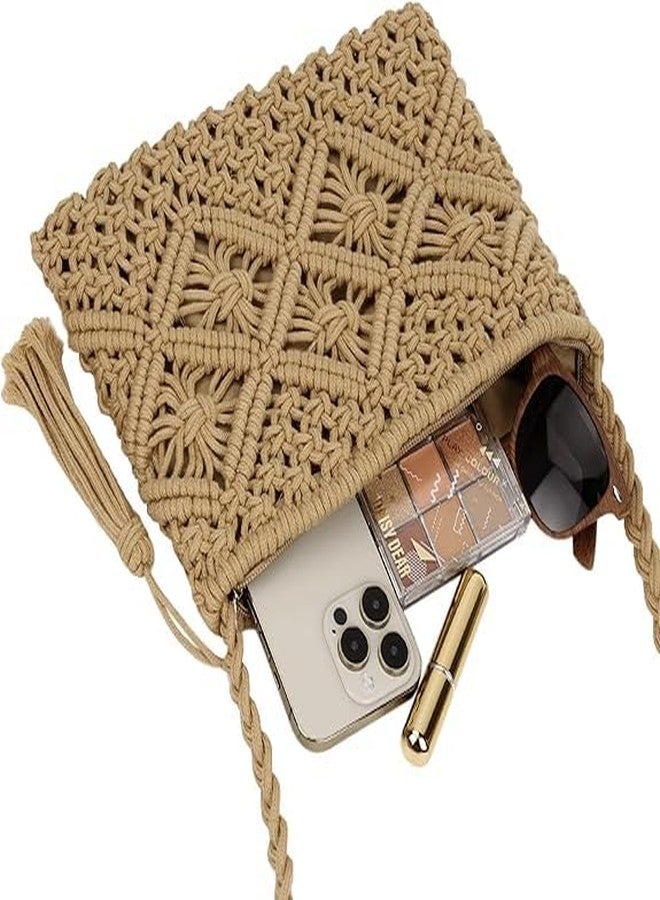 PARAH Women Crochet Shoulder Bag Handmade Woven Beach Crossbody Handbag Satchel Purse With Tassel For Summer (Rectangle - Brown) - Image 4