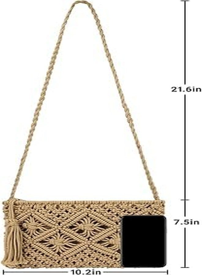 PARAH Women Crochet Shoulder Bag Handmade Woven Beach Crossbody Handbag Satchel Purse With Tassel For Summer (Rectangle - Brown) - Image 5