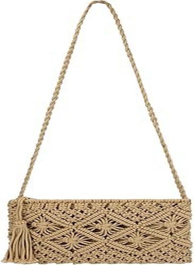 PARAH Women Crochet Shoulder Bag Handmade Woven Beach Crossbody Handbag Satchel Purse With Tassel For Summer (Rectangle - Brown) - Image 1