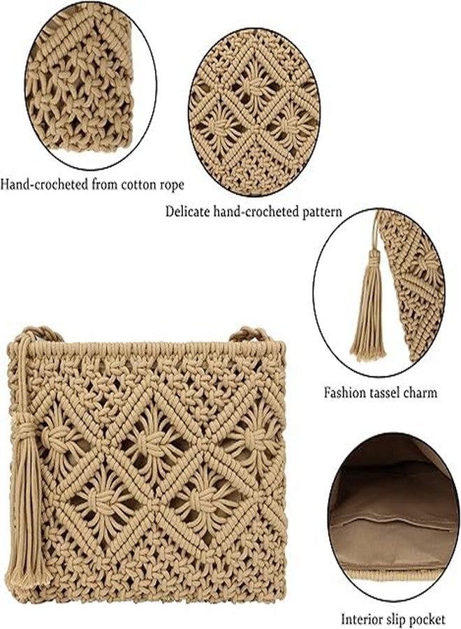 PARAH Women Crochet Shoulder Bag Handmade Woven Beach Crossbody Handbag Satchel Purse With Tassel For Summer (Rectangle - Brown) - Image 3