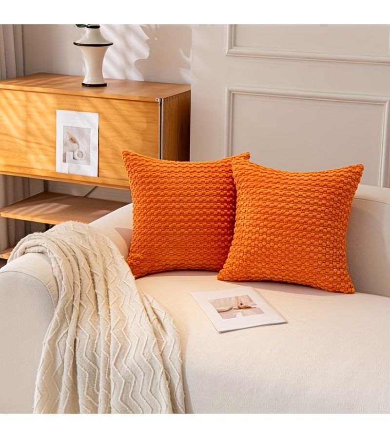 2pcs Living Room Sofa Bed Spring Soft Striped Corduroy Square Pillow Set 17.72 X 17.72 Inch Farmhouse Bohemian Home Decoration Tangerine - Image 4