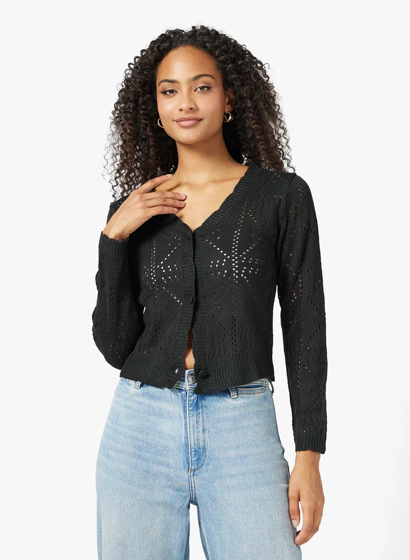 جينجر Knitted Openwork Button Up Cardigan