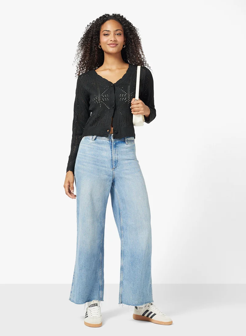 جينجر Knitted Openwork Button Up Cardigan