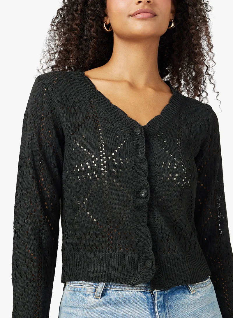 جينجر Knitted Openwork Button Up Cardigan