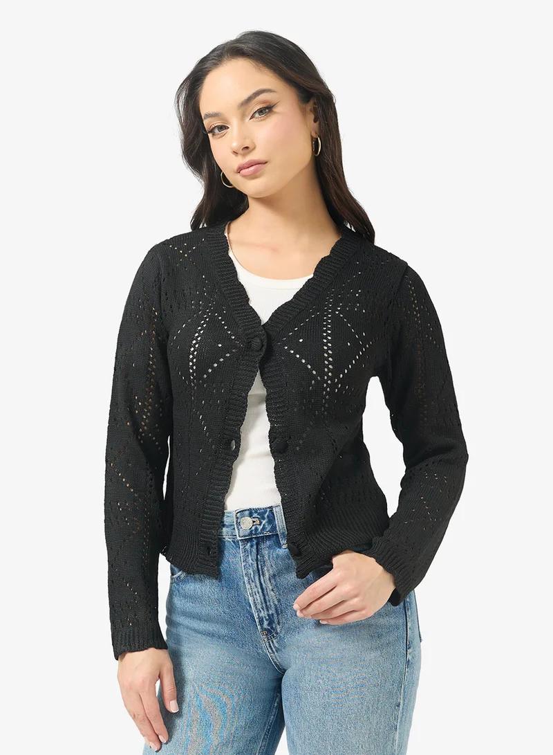 Ginger Knitted Openwork Button Up Cardigan