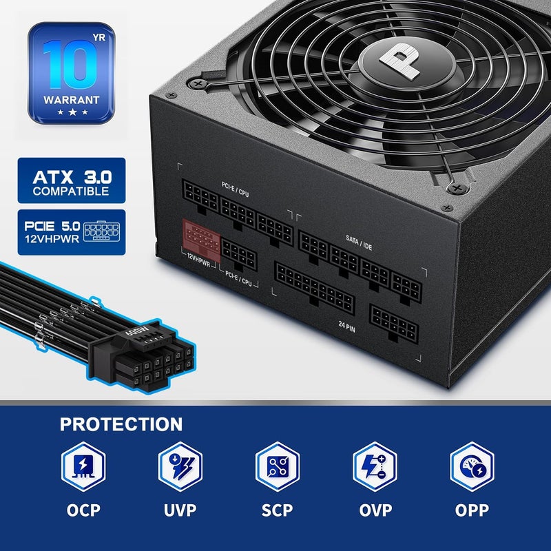Pystar 1000W Power Supply 80+ Gold Full Modular PSU, ATX 3.0 & PCIE 5.0, ES1000 - Image 3