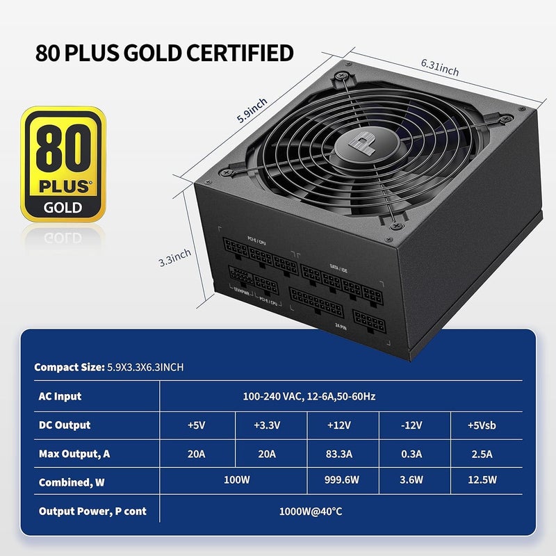 Pystar 1000W Power Supply 80+ Gold Full Modular PSU, ATX 3.0 & PCIE 5.0, ES1000 - Image 2