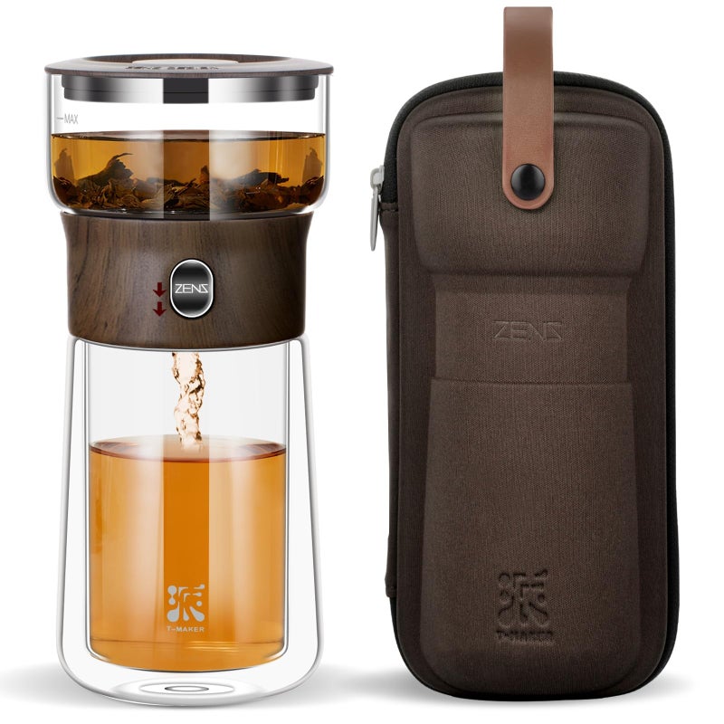 ZENS Modern Glass Infuser Teapot One Touch Tea Maker for Loose Leaf Tea with Insulated Mug and Portable Case Enchanted Pot Alternatives for Tea Lover Gifts - Image 2