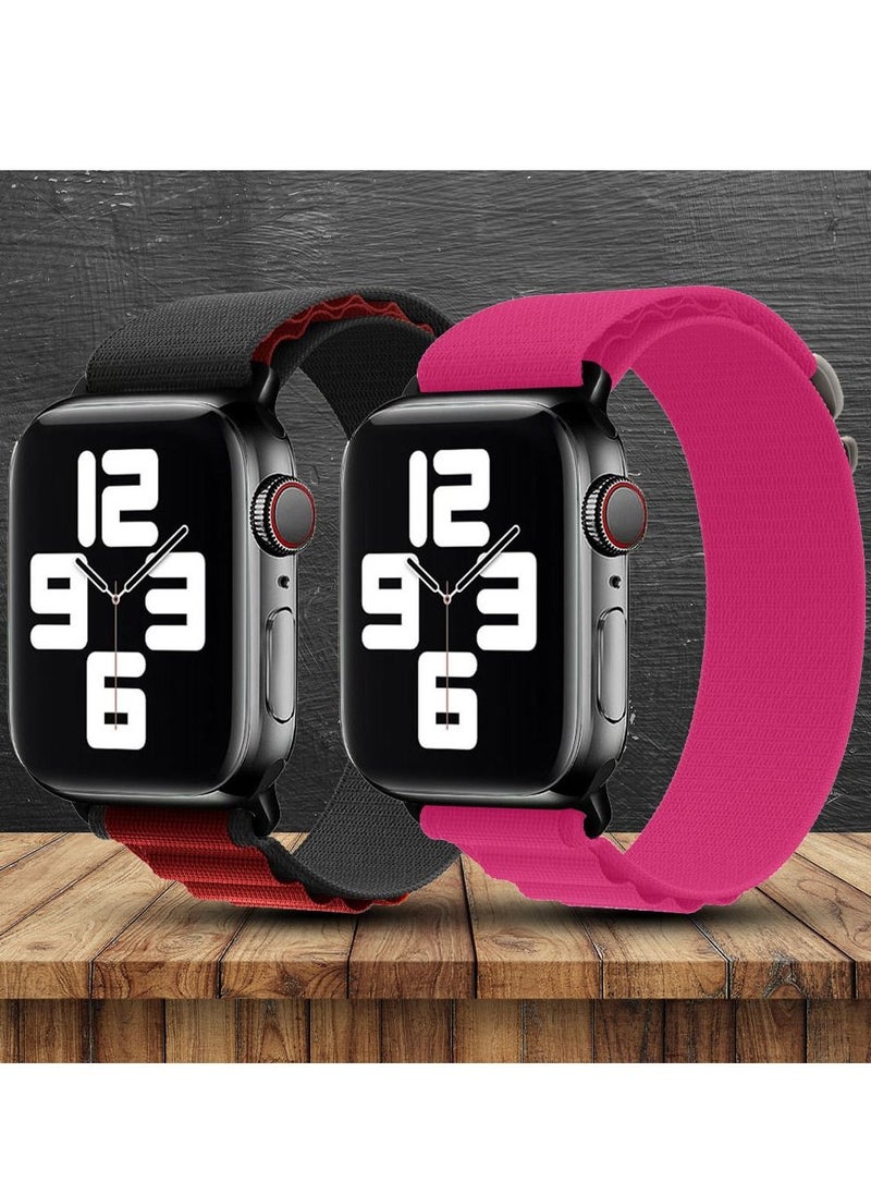 CATANES - 2 Pack Of Apple Watch Alpine Loop Band 38mm 40mm 41mm Women Men Adjustable with Metal G-Hook Strap for iWatch Series 7/SE/6/5/4/3/2/1 Black Red/Hot Pink - Image 1