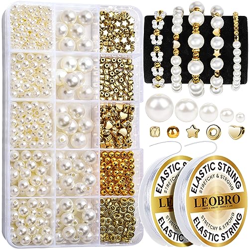 LEOBRO Pearl Beads for Bracelets 720PCS Bracelet Making Kit for Adult Bracelet Bead Kits Small Pearl Beads and Gold Beads for Bracelets Jewelry Making Kit