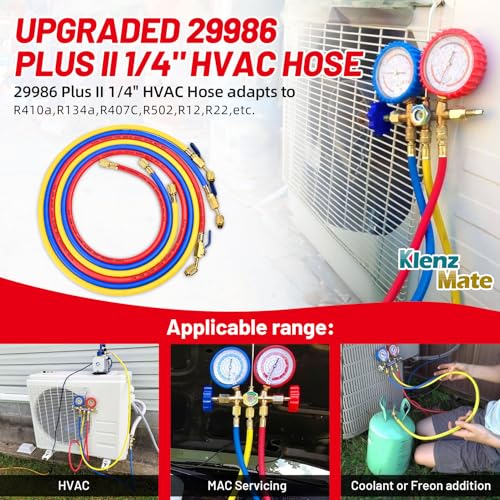 KlenzMate 2025 Upgrade 29986 Plus II 1/4” HVAC Hose with Compact Ball Valve. Refrigerant Hose with Standard 1/4“ Flare Fittings, 800 PSI Working Pressure for Common Refrigerants. 72”, Yellow/Red/Blue (3-Pack) - Image 2