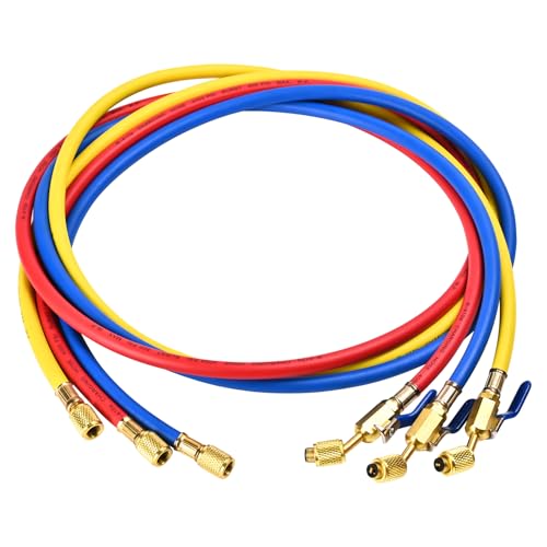 KlenzMate 2025 Upgrade 29986 Plus II 1/4” HVAC Hose with Compact Ball Valve. Refrigerant Hose with Standard 1/4“ Flare Fittings, 800 PSI Working Pressure for Common Refrigerants. 72”, Yellow/Red/Blue (3-Pack) - Image 1