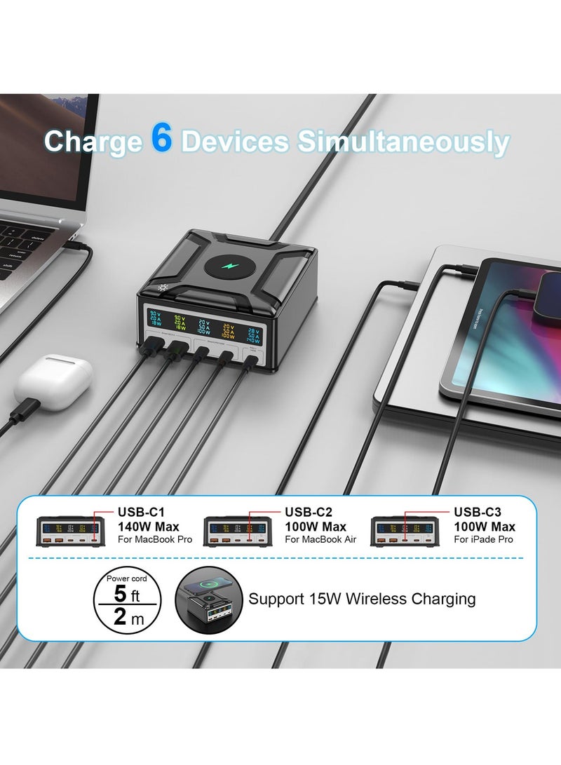 Barakah 260W USB C GaN Charger, 140W 5 Port PD3.1 Charging Station, Compatible with Samsung, MacBook, iPad, iPhone, Portable Laptop Charger for Trave - Image 2