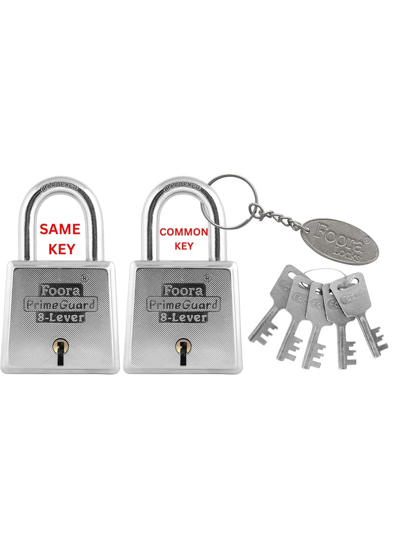 Foora - Foora PrimeGuard 60 Padlock Doubel Locking Iron Zinc 8 Lever Key Lock for Door Gate Shutter 1 Key Chain Size 60mm Silver Glossy Finish 2 Lock with 5 Same Key - Image 1
