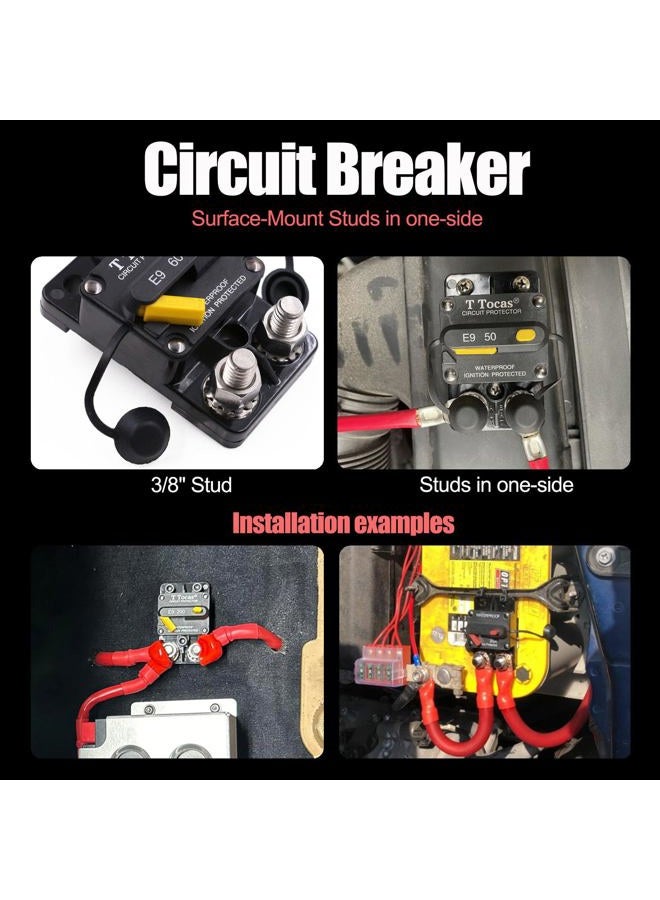 T Tocas 100 Amp Surface-Mount Circuit Breaker Double 3/8" Stud with Manual Reset, 12V- 48V DC, Waterproof (100A) - Image 2