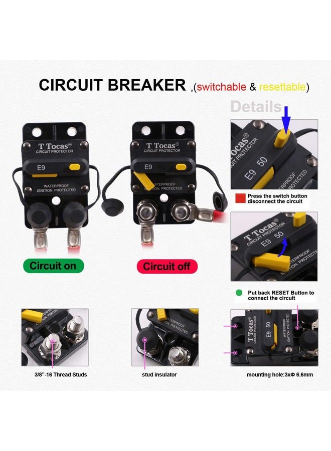 T Tocas 100 Amp Surface-Mount Circuit Breaker Double 3/8" Stud with Manual Reset, 12V- 48V DC, Waterproof (100A) - Image 3