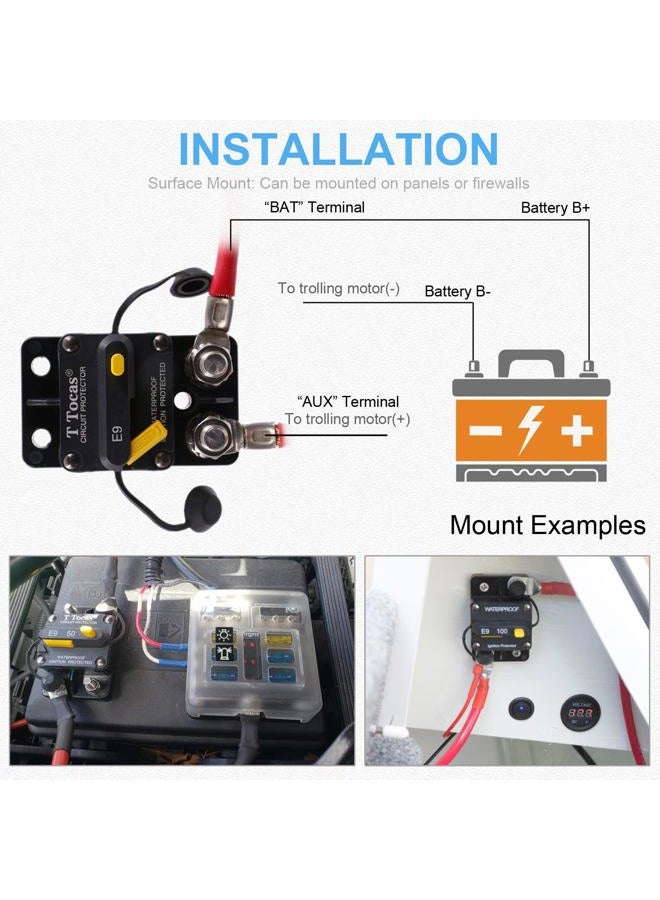 T Tocas 100 Amp Surface-Mount Circuit Breaker Double 3/8" Stud with Manual Reset, 12V- 48V DC, Waterproof (100A) - Image 4