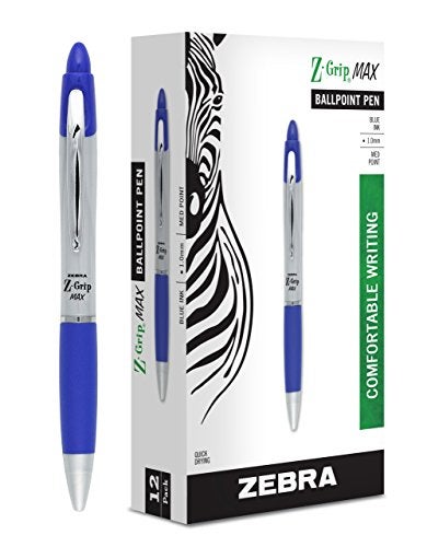 Zebra Pen Z-Grip MAX Retractable Ballpoint Pen, Medium Point, 1.0mm, Silver Barrel, Blue Ink, 12-Pack (22420) - Image 1