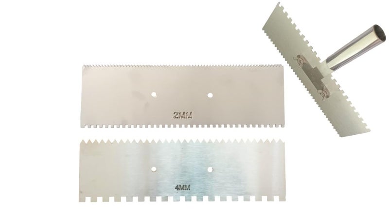 MD Style 11x 3.5 In. Square & V Notch Metal Trowel Fix Thickness for Flexible Resin Spreader Set, Reusable Trowel Scrapers for Epoxy,Fillers,Putty,Caulk,Spackling Paste (2MM - 4MM With SS Handle) - Image 1