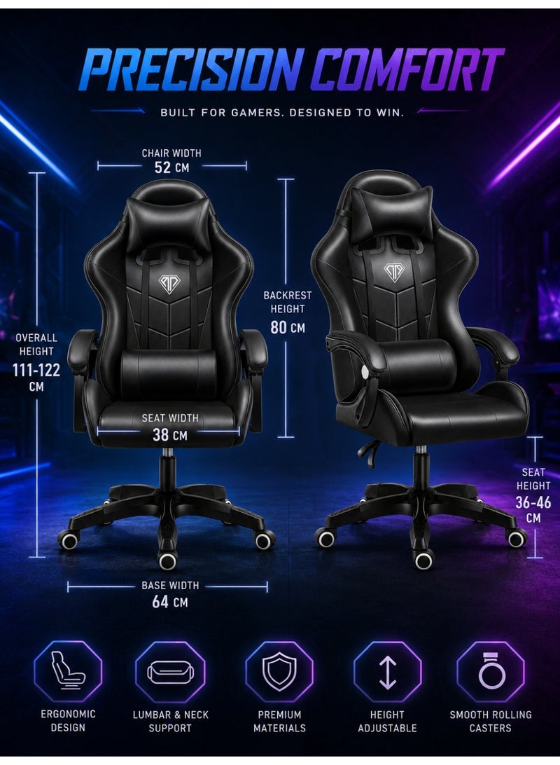 OHAHO Gaming Chair, Ergonomic High Back Gaming Chairs Reclining & Height Adjustable Computer Chair with Neck and Massage Lumbar Support, Comfortable Armrest Headrest (black) - Image 2