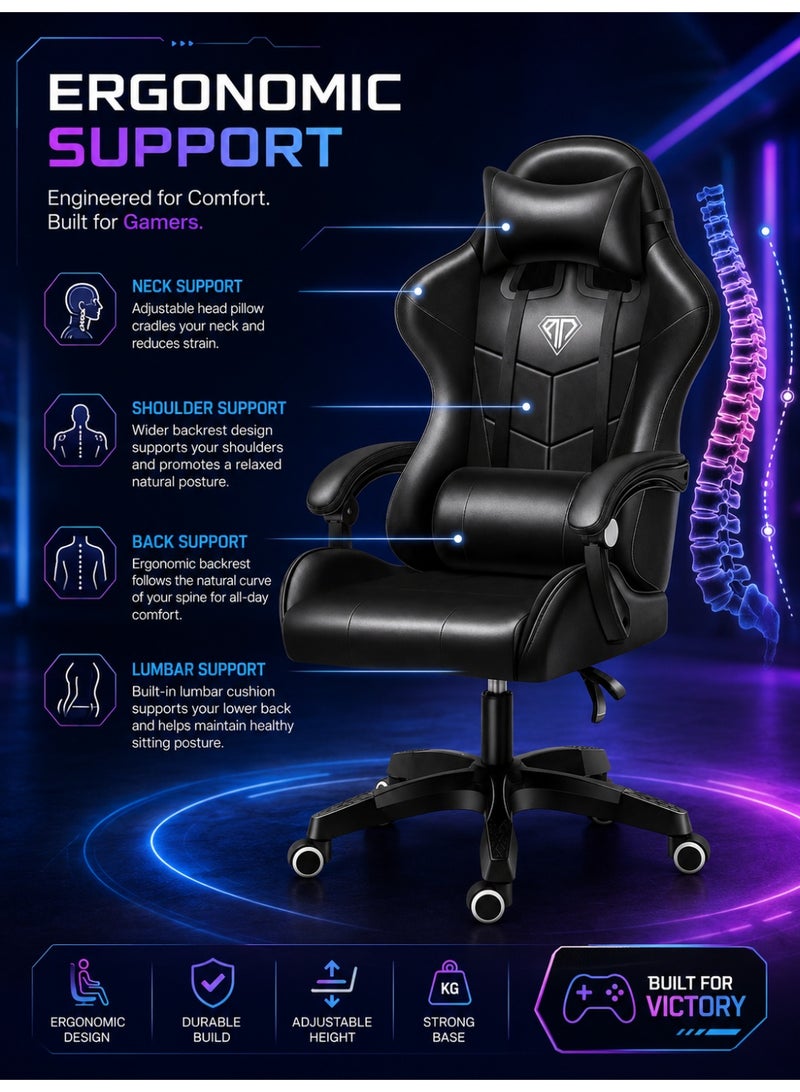 OHAHO Gaming Chair, Ergonomic High Back Gaming Chairs Reclining & Height Adjustable Computer Chair with Neck and Massage Lumbar Support, Comfortable Armrest Headrest (black) - Image 3