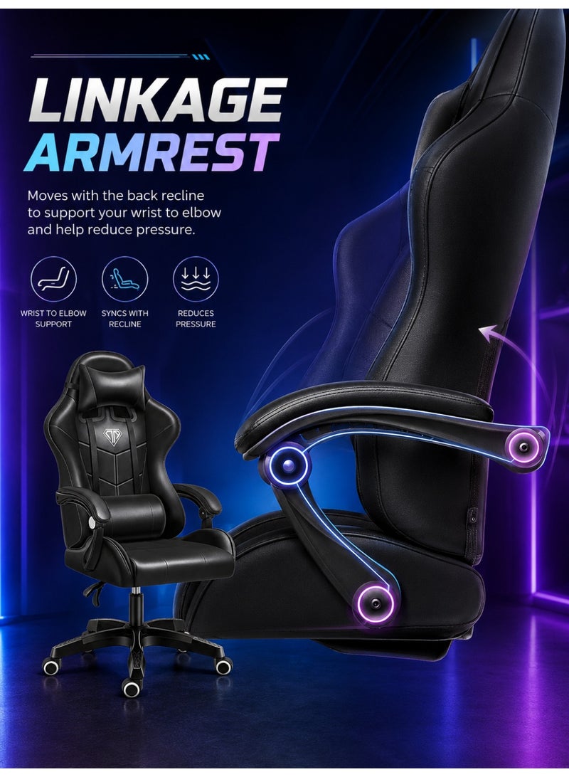 OHAHO Gaming Chair, Ergonomic High Back Gaming Chairs Reclining & Height Adjustable Computer Chair with Neck and Massage Lumbar Support, Comfortable Armrest Headrest (black) - Image 4