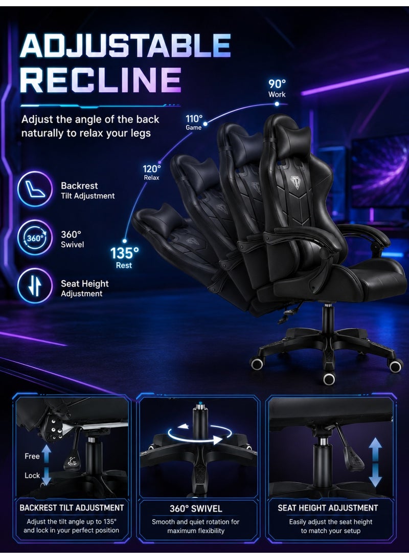 OHAHO Gaming Chair, Ergonomic High Back Gaming Chairs Reclining & Height Adjustable Computer Chair with Neck and Massage Lumbar Support, Comfortable Armrest Headrest (black) - Image 5