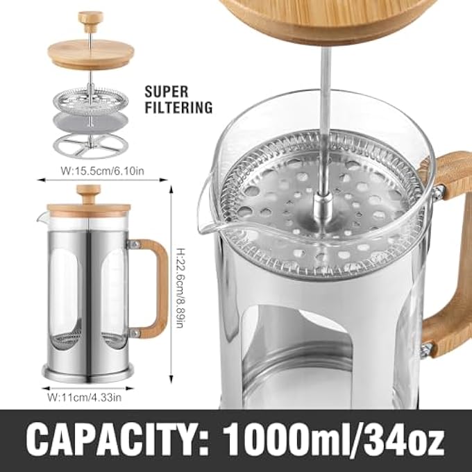Sivaphe Wooden French Press Coffee Maker 1000MlPlasticFree Cafetiere Coffee Plunger 34Oz Borosilicate Glass With Bamboo Handle Lid8 Cups1L - Image 3