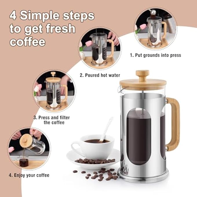 Sivaphe Wooden French Press Coffee Maker 1000MlPlasticFree Cafetiere Coffee Plunger 34Oz Borosilicate Glass With Bamboo Handle Lid8 Cups1L - Image 5