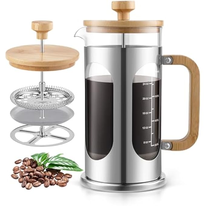 Sivaphe Wooden French Press Coffee Maker 1000MlPlasticFree Cafetiere Coffee Plunger 34Oz Borosilicate Glass With Bamboo Handle Lid8 Cups1L - Image 2