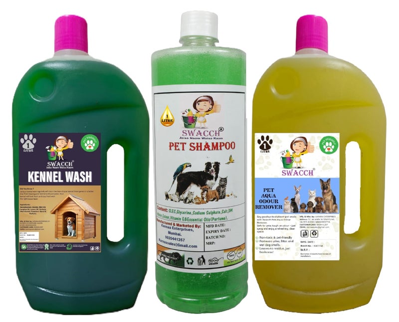 swacch Kennel Wash (Jasmine) + Pet Shampoo (Neem Alovera) I Pet Aqua Odour Remover (Lemon) 1 Litre Combo Pack of 3 Economical Pack I Dog and Cat Friendly - Image 1