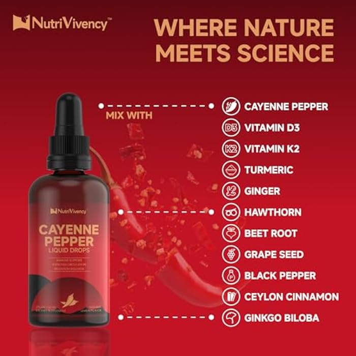 NutriVivency Cayenne Pepper Liquid Drops, Cayenne Pepper Supplements with Hawthorn Berry, Beet Root Powder, Turmeric, Vitamin K2 D3, Ceylon Cinnamon, Black Pepper, Organic Ginkgo Biloba, 2 Fl Oz - Image 4