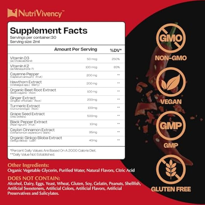 NutriVivency Cayenne Pepper Liquid Drops, Cayenne Pepper Supplements with Hawthorn Berry, Beet Root Powder, Turmeric, Vitamin K2 D3, Ceylon Cinnamon, Black Pepper, Organic Ginkgo Biloba, 2 Fl Oz - Image 2