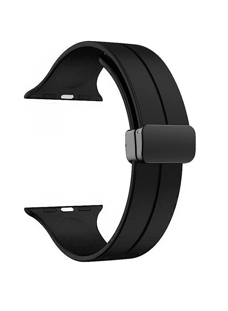 Techie Stylish Magnetic Folding Buckle Clasp Watch Band for Apple Watch 42mm 44mm 45mm 49mm Compatible with - Series Ultra 2, 1, and Series 10, 9, 8,7,6,5,4,SE,3,2,1 Silicone Leather – Black - Image 3