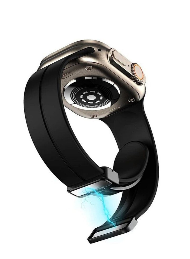 Techie Stylish Magnetic Folding Buckle Clasp Watch Band for Apple Watch 42mm 44mm 45mm 49mm Compatible with - Series Ultra 2, 1, and Series 10, 9, 8,7,6,5,4,SE,3,2,1 Silicone Leather – Black - Image 1