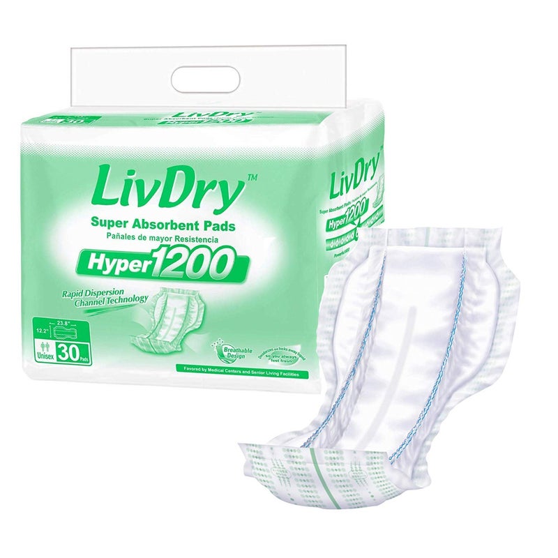 LivDry Incontinence Pad Insert for Men and Women | Hyper 1200 for Less Active Usage and More Protection (30 Count) - Image 1