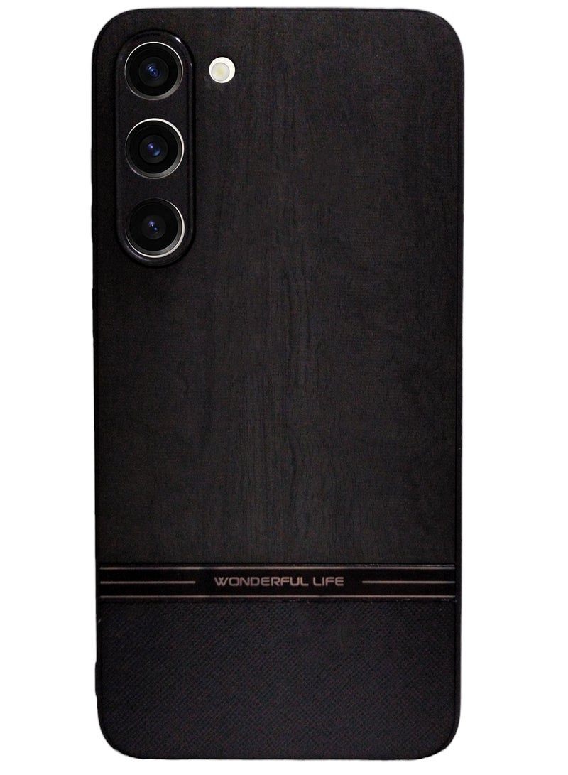 Shockproof Wood Grain Skin PU and TPU Shockproof Luxury Phone Case for Samsung Galaxy S23 Plus (Black)