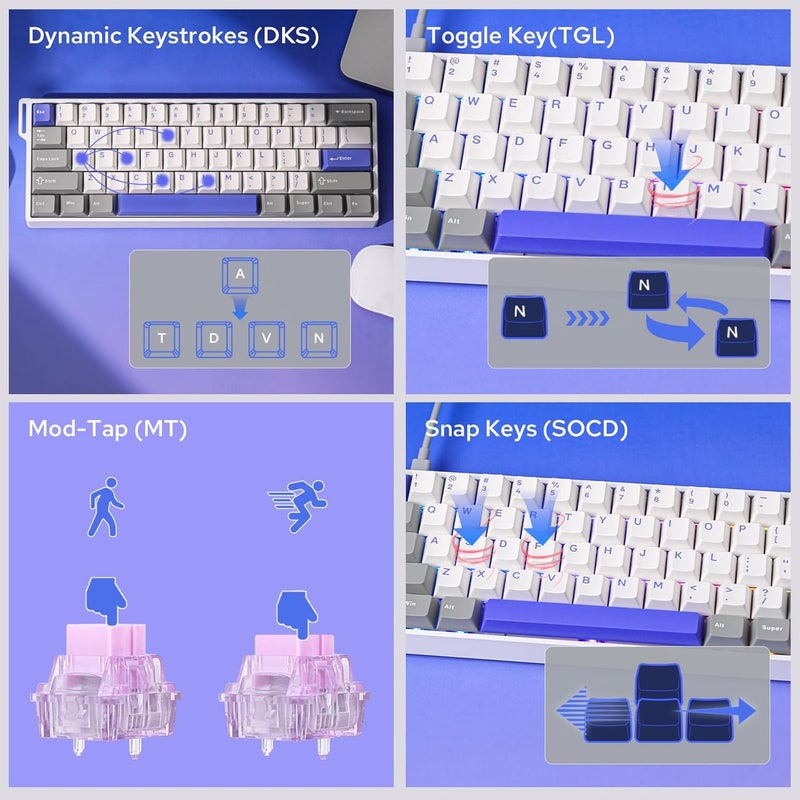 EPOMAKER AULA WIN60 HE 60% Wired Magnetic Keyboard with Adjustable Actuation, 8000 Hz Polling Rate, Hall Effect Switches, Hot-Swap, For FPS Games (Grey&White&Blue) - Image 3