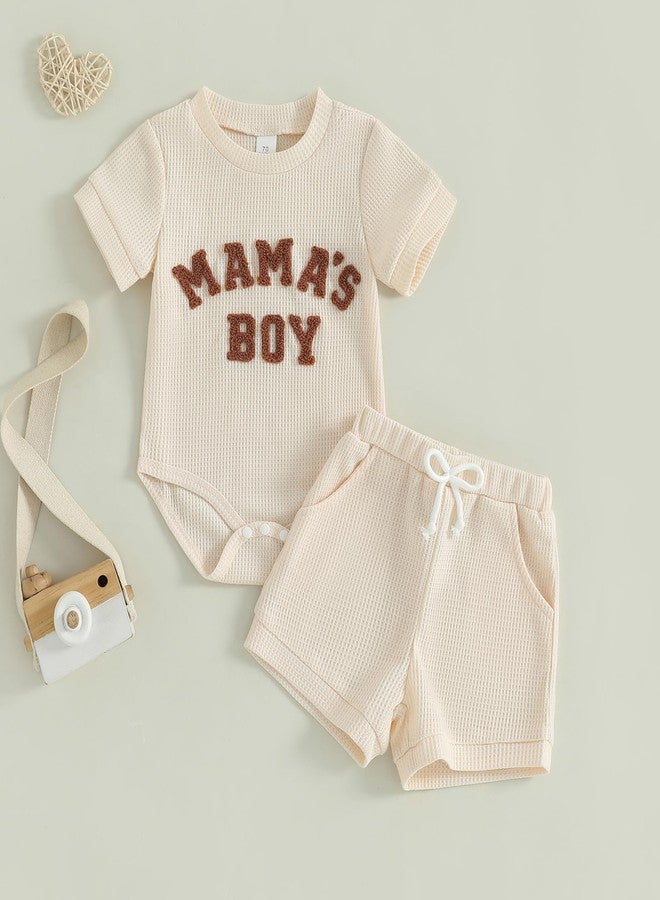 Giraropa Newborn Baby Boy Clothes Mamas Boy Embroidery Romper Jumpsuit Ribbed Waffle Knit Shorts Set Baby Boy Summer Outfit (Khaki a, 0-3 Months) - Image 2