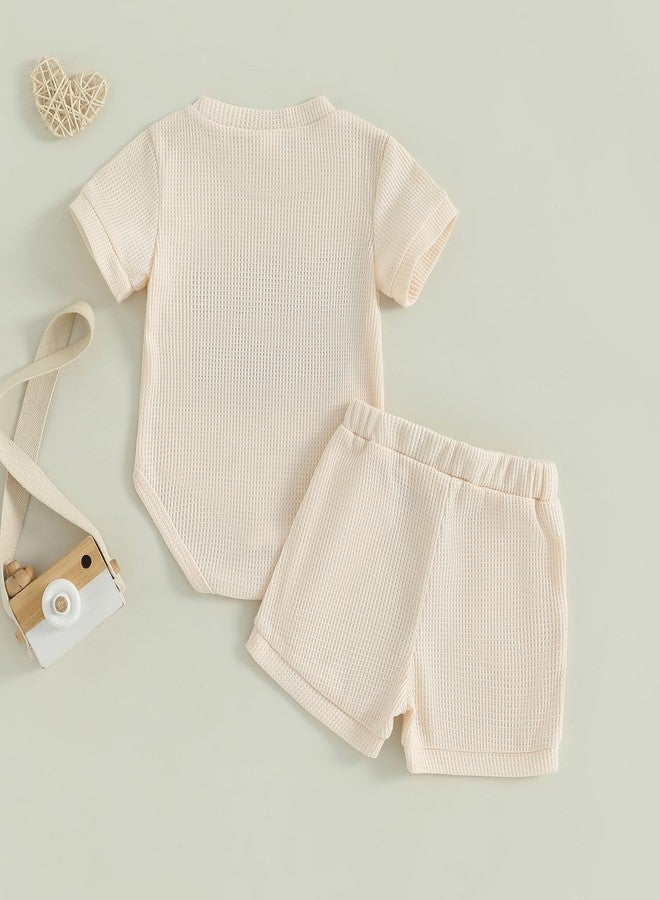 Giraropa Newborn Baby Boy Clothes Mamas Boy Embroidery Romper Jumpsuit Ribbed Waffle Knit Shorts Set Baby Boy Summer Outfit (Khaki a, 0-3 Months) - Image 4