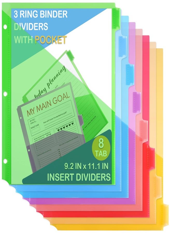 COIDEA 3 Ring Binder Dividers with Pockets, 8 Tab Plastic Dividers for 3 Ring Binders, Heavy Duty Binder Dividers with Blank Write Tabs for School Office Document Indexing and Protection, Multicolor - Image 1