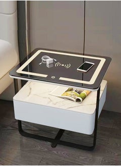 Multifunction Modern Unique Design Adjustable LED Lights Bedside Table Smart Wireless Charging Enable Glass Top Nightstand with Storage Drawer and Open Shelves 48x40x50 cm (Fully Assembled)