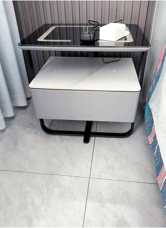 Raffine - Multifunction Modern Unique Design Adjustable LED Lights Bedside Table Smart Wireless Charging Enable Glass Top Nightstand with Storage Drawer and Open Shelves 48x40x50 cm (Fully Assembled) - Image 1