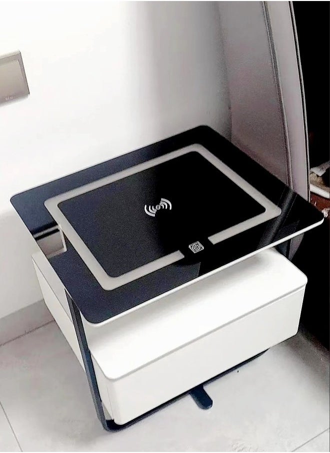 Raffine - Multifunction Modern Unique Design Adjustable LED Lights Bedside Table Smart Wireless Charging Enable Glass Top Nightstand with Storage Drawer and Open Shelves 48x40x50 cm (Fully Assembled) - Image 1