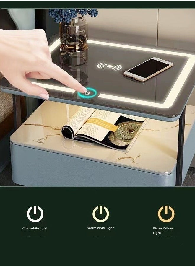 Raffine - Multifunction Modern Unique Design Adjustable LED Lights Bedside Table Smart Wireless Charging Enable Glass Top Nightstand with Storage Drawer and Open Shelves 48x40x50 cm (Fully Assembled) - Image 1